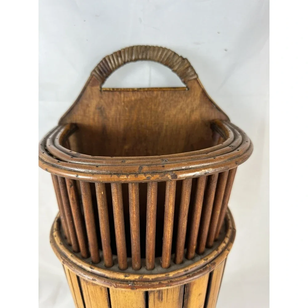 Wooden Split Bamboo-Rattan-Style Slat Basket W/Handle 18